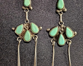 Early Turquoise Long Native Earrings Old Pawn 3"  JES