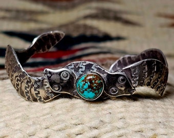 Rare Harvey Era Snakes Turquoise Silver Vintage Cuff Old Pawn Fits 7" wrist.