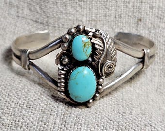 Two Turquoise Vintage Native Sterling Old Pawn fits 6 1/2" wrist. JB 312