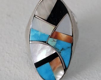 MCM Zuni Inlay Silver Ring Vintage Sterling Man Ring Size 10 Old Pawn JR 65