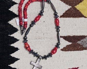C 1740s Fur Trade Cross Coral Navajo Pearls Necklace 23" Old Pawn JN 829