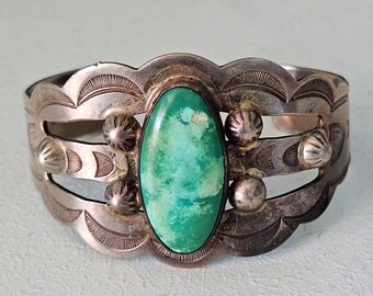 Big Green Turquoise Harvey Era Vintage Native Bracelet Old Pawn fits 7 1/4" wrist. JB 71