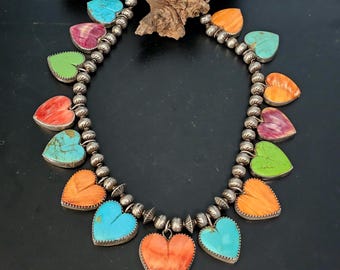Multi Color Hearts Necklace Navajo Pearls Old Pawn Sterling. C1970s JN 775