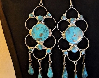 4" Vintage Dangle Earrings Sterling and Kingman Turquoise Zuni Vivianita Booqua Chandelier Earrings