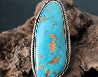 Long Blue Turquoise Vintage Native Statement Ring Size 9 Old Pawn JR 383