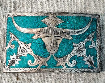 Killer Turquoise Longhorn Sterling Vintage Buckle Mexican Cowboy Cowgirl Rodeo
