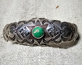 Early Harvey Era Cuff with Rare Shaped Form and All The Stamps size 6 1/3" wrist Old Pawn