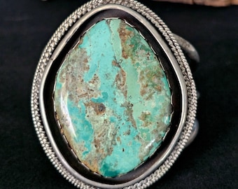 Large Turquoise Sterling Vintage Native Silver Cuff, 6 3/4"  JB 44