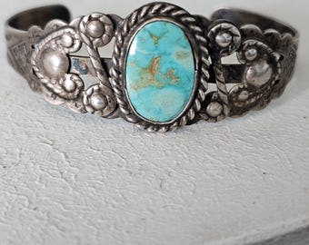 1930s Blue Turquoise Harvey Era Sterling Native  Vintage Cuff JB 266 6 3/4" wrist