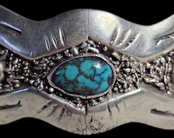 Bisbee Turquoise Vintage Cuff Bracelet, Native American Sterling Silver (6 3/4" wrist) JB 305