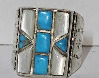 Turquoise and Mother of Pearl Zuni Inlay Cast Silver Ring Vintage Sterling Man Ring Size 9 Old Pawn JR 99