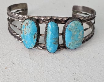 3 Blue Turquoise Stones Vintage Native Bracelet Old Pawn fits 6 3/4" wrist JB 84