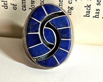 Lapis Lazuli Zuni Inlay Cast Silver Ring Vintage Sterling Man Ring Size 11 1/2 Old Pawn JR 112
