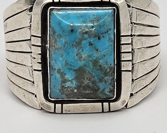 Blue Turquoise with Detailed Silver Shank Vintage Sterling Man Ring Size 12 Old Pawn JR 892