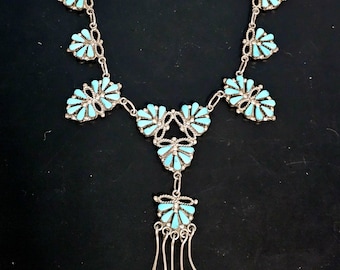 Zuni Vintage Pettipoint Necklace with Blue Turquoise Old Pawn Sterling. C1950s. JN 664