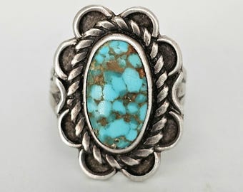 UITA 15 Vintage #8 Turquoise Sterling Ring Size 8 Old Pawn. JR 173