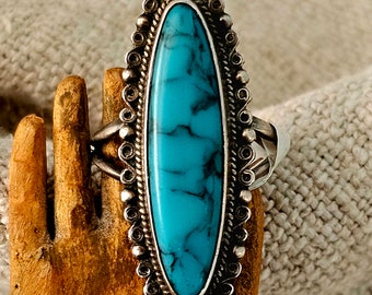 Elegant Long Blue Turquoise Native Ring Sterling Silver Size 6 3/4 Old Pawn