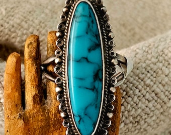 Elegant Long Blue Turquoise Native Ring Sterling Silver Size 7 3/4 Old Pawn JR 664