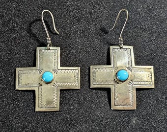 Vintage Silver Turquoise Cross Native Earrings JE 646