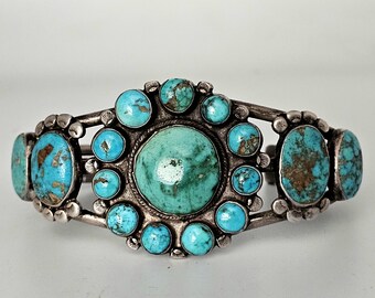 Hand Forged Ingot Silver and Turquoise Native Cuff Bracelet Coin Silver. 7 1/2" wrist. JB 973