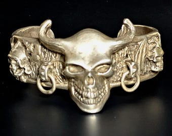 Vintage Biker Skull Cast Silver American Sterling Cuff fits 7 1/2 wrist