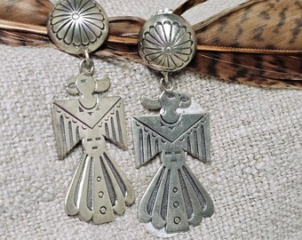 Hopi Thunderbird and Concho Vintage Dangle Earrings Sterling Old Pawn Native Made