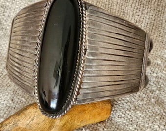 Dramatic Onyx Silver Vintage Navajo Cuff Sterling Signed Tom Charlie Old Pawn