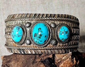 Emersen Bill 3 Big Turquoise Stones with Crazy Good Silverwork on this Man Size Sterling Old Pawn Cuff Bracelet Native American fits a 8" wr