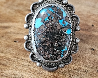 Bisbee Turquoise Mans Vintage Sterling Native Ring Old Pawn Size 13