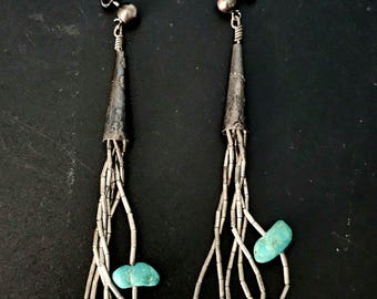Silver Rain & Turquoise Vintage  Dangle Earrings Native Old Pawn. # JE 616
