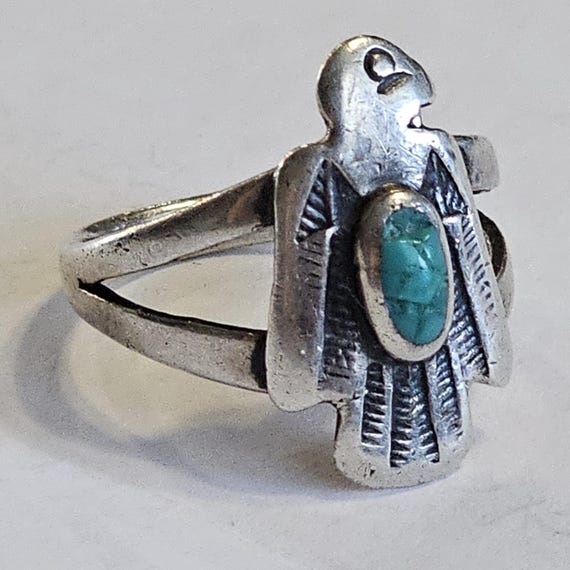 1940s Thunderbird Shape Vintage Ring Blue Turquoi… - image 3