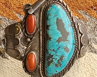 Glorious Vintage Native American Turquoise and Coral Bracelet Old Pawn