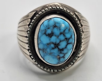 Spiderweb Turquoise with Silver Wings Vintage Sterling Man Ring Size 11 1/2 Old Pawn. JR 126