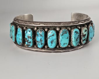 17 Sleeping Beauty Turquoise Cabochons on this Big Row Bracelet Sterling Vintage Old Pawn 7" wrist JB 948