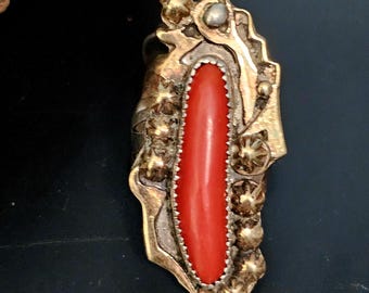 Vintage 14K & Sterling Coral Ring Carlos White Eagle, Size 7 3/4 JR 870