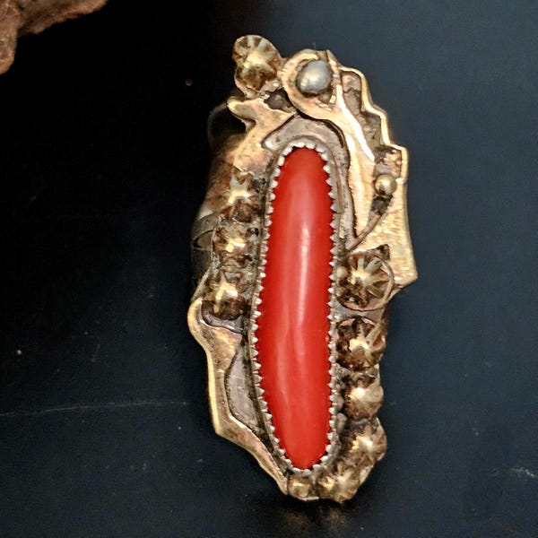 Vintage 14K & Sterling Coral Ring Carlos White Eagle, Size 7 3/4 JR 870