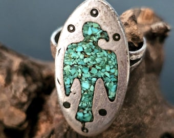 Thunderbird Chip Turquoise Inlay Vintage Ring Old Pawn Size 8. JR 391