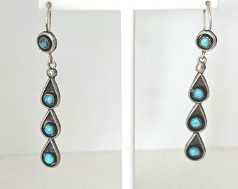 Long Zuni Shadowbox Silver Turquoise Earrings Sterling Old Pawn JE 574