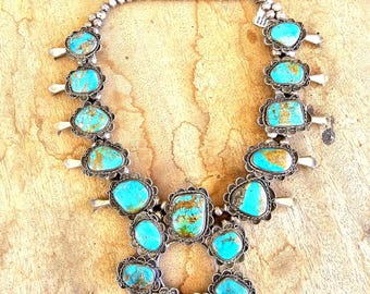 Fabulous Big Blue Tuquoise Squash Blossom Necklace  24"  JN 461