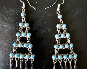 Long Vintage Turquoise Zuni Raincloud Earrings Old Pawn JE 456