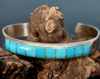 Blue Turquoise Channel Set Zuni Stacker Bracelet Old Pawn fits 6" wrist. JB 195