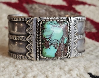 Wide Forged Silver & Turquoise Vintage Native Cuff fits 6 1/2" wrist JB 335