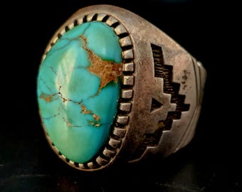 Blue Turquoise Cast Silver Vintage Sterling Native Man Ring Size 11 1/2 Old Pawn JR 418