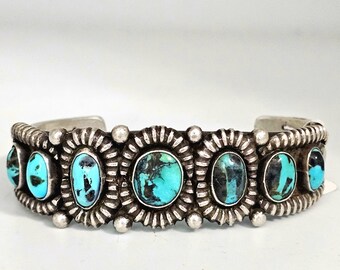 Incredible Greg Lewis Ingot Silver and Turquoise Native Cuff Bracelet Old Pawn Coin Silver. 7" wrist