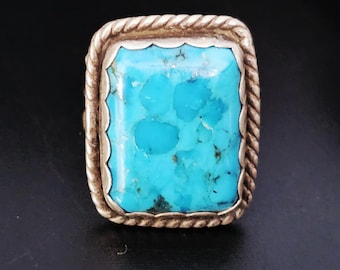 Rectangular Blue Turquoise Vintage Sterling Native Ring Old Pawn Size 8 1/2 JR 906