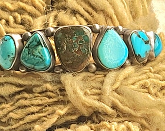 Old Pawn Row Bracelet Cuff with Various Colored Turquoise Stones Signed Nakai Native American 6 3/4" wrist