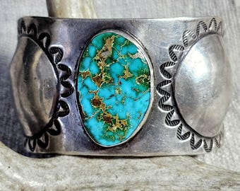 High Grade Royston Turquoise Big Repousses Vintage Native Old Pawn Cuff  fits 7 1/4" wrist. JB 121