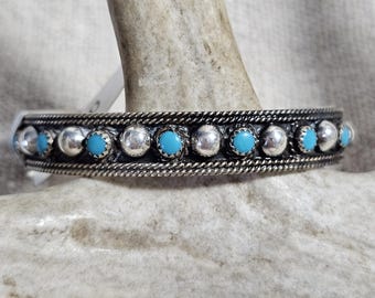 1940s Signed Vintage Turquoise & Silver Raindrops Native Cuff Bracelet Old Pawn  6 1/4" wrist. JB 236