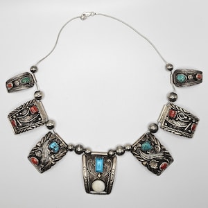 Fine Navajo Turquoise & Coral Sterling Necklace Vintage 1970s Old Pawn JN 634