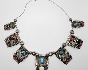 Fine Navajo Turquoise & Coral Sterling Necklace Vintage 1970s Old Pawn JN 634